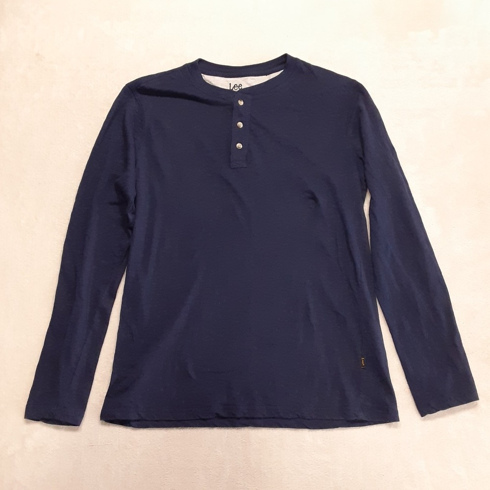 Lee Brand Mens Long Sleeve Thermal Henley M Navy  3 Button Cotton Blend